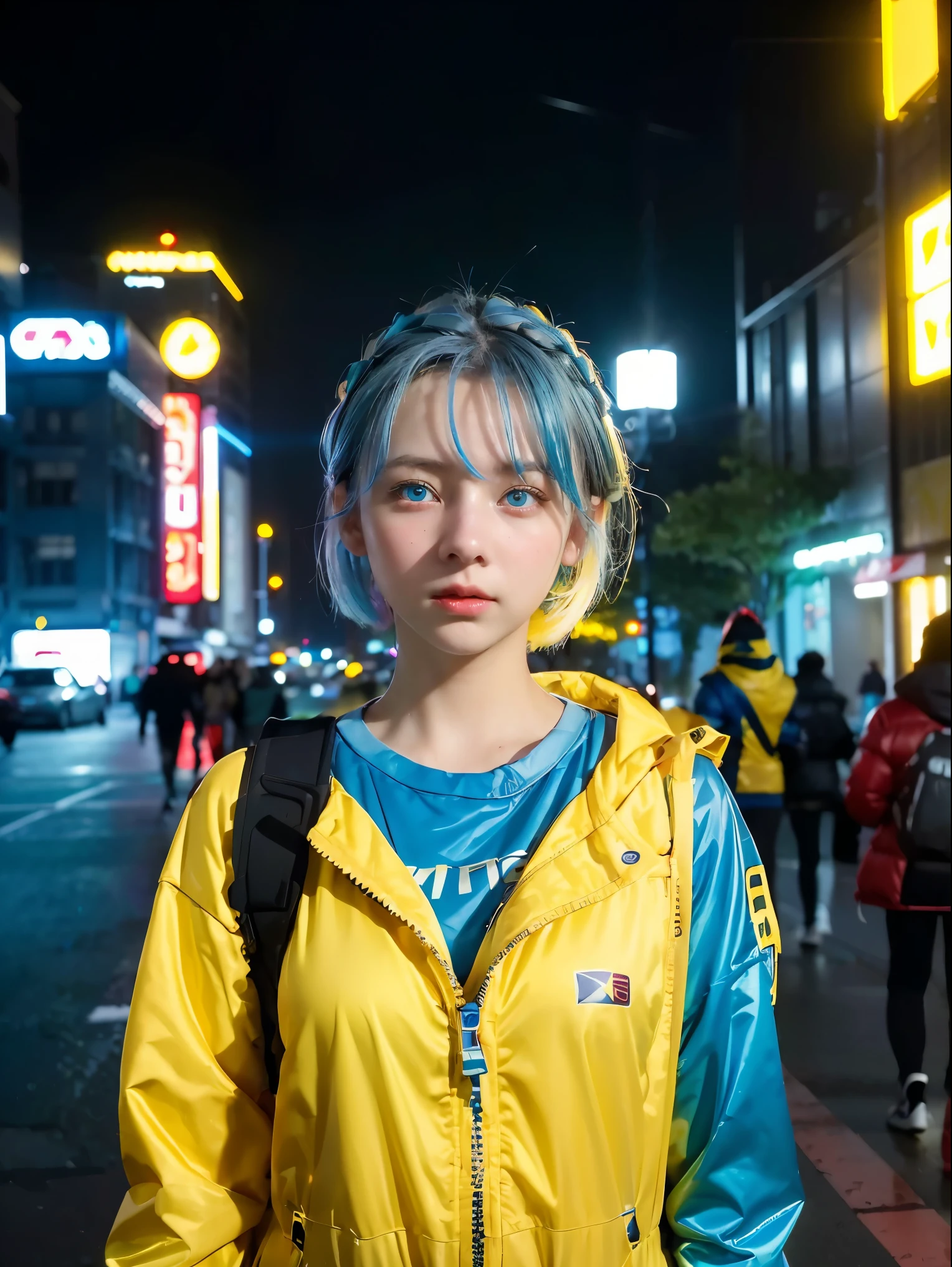 (masterpiece:1.3), (best cinematic quality:1.2), (extremely detailed setting:1), (soft+artistic lighting), (1girl), short blue haired, (eyes+yellow+red:1.4), (multicolored eyes+heterochromia), wearing cyberpunk clothes, futuristic, technological, city scenery with (robots around)0.4], giving dramatic scenery.