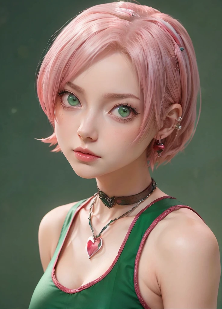 young woman, short shoulder-length pink hair, wide forehead, porcelain skin, pink eyebrows, big emerald green eyes, buttoned nose, full lips, heart-shaped face, slender body, small breasts, red tank top, Sakura Haruno , realistic, realism, details, 3d, well detailed