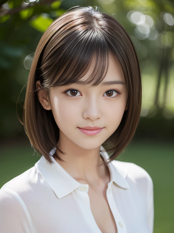 master piece, best quality, ultrahigh res, (photorealistic:1.4), raw photo, 8K photo, Japanese young model, 14 years old, slim face, white polo shirt, blurry background, cleavage, grey eyes, outdoors, look at us with a smile, brown hair,medium hair,asymmetrical hair, asymmetrical bangs, realistic,(natural skin texture, detailed skin, detailed soft eyes, detailed hair, detailed cute lips, hyperrealism, ultra sharpness, intricate details)