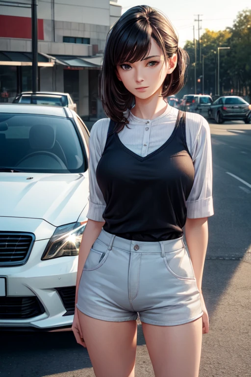 a woman in white short shorts poses next to her car, in the style of uncanny valley realism, photorealistic, 32k uhd, patriotic, ferrania p30, exaggerated facial features,