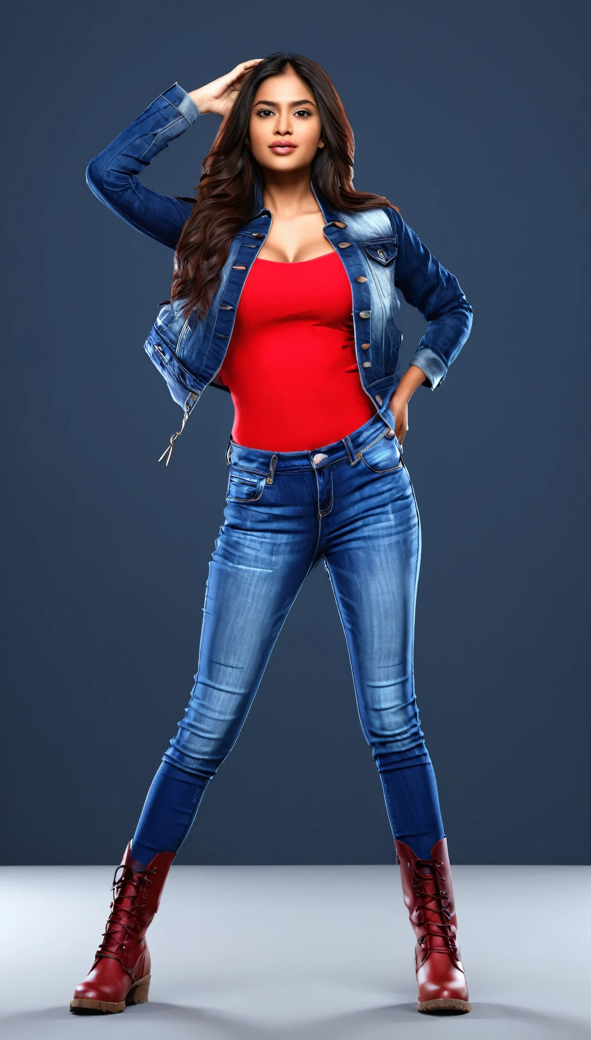 Create a 3d model of beautiful latina-indian female model wearing red top and jeans with jacket, full body character, long hair, with big chest, wearing boots, hands up 3d character