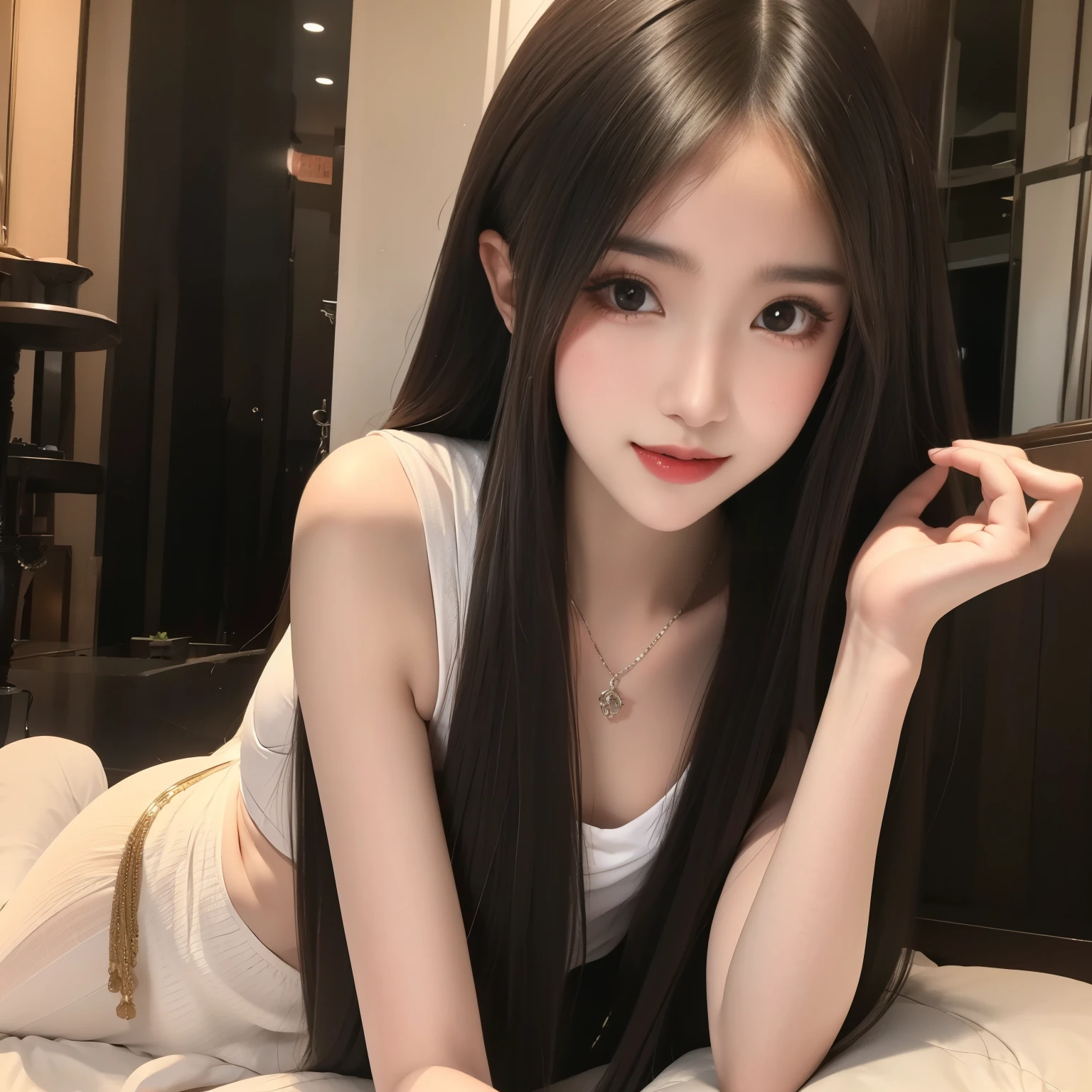 Best image quality、highest quality、Highest Resolution、Ultra-realistic photos、Full body photo、1 girl、Very beautiful face、Super super long hair、Hair Length Approx.５Meters、Straight black hair、Black hair longer than height、Black hair that hasn&#39;t been cut for over 20 years、Slender body、White underwear or naked、World Long Hair Contest Winner、Terrifyingly thick black hair、My very long black hair is wrapped around my body.、
