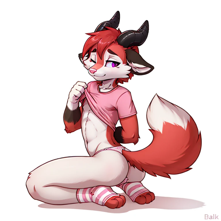 Anthropomorphic male crimson fox with pink nose, black ears, horns and purple eyes, two tails, fullbody view, solo, on knees, white background, digital art, lifting his shirt, femenine looking, seen from the back, wearing a pink t-shirt and long pink socks with white stripes and tiny pink panties, looking at viewer, half eyes closed.