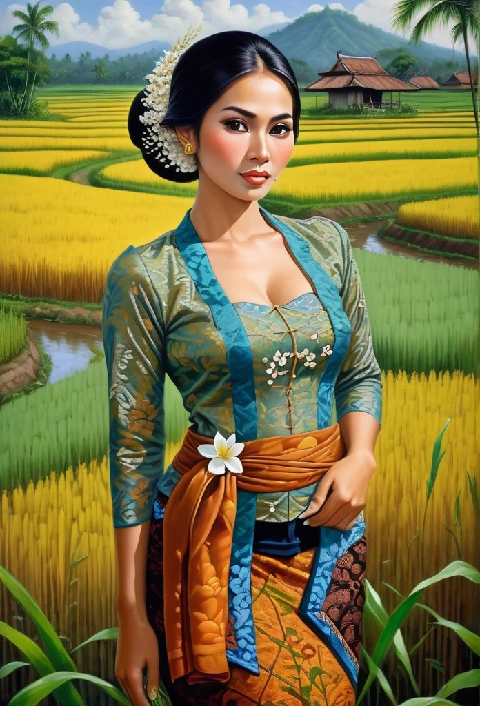 beautiful busty javanese peasant woman donning a brocade kebaya dress and batik long skirt, simple bun hairdo with small beautiful flowers in her hair, insanely detailed and intricate rice field background, oil on canvas painting, realistic style, heavily influenced by Don Lawrence photorealistic brush stroke style