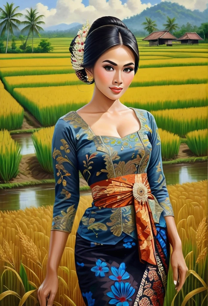 beautiful busty javanese peasant woman donning a brocade kebaya dress and batik long skirt, simple bun hairdo with small beautiful flowers in her hair, insanely detailed and intricate rice field background, oil on canvas painting, realistic style, heavily influenced by Don Lawrence photorealistic brush stroke style