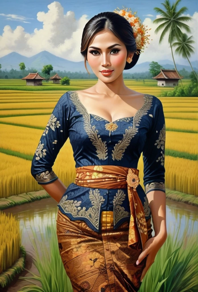 beautiful busty javanese peasant woman donning a brocade kebaya dress and batik long skirt, simple bun hairdo with small beautiful flowers in her hair, insanely detailed and intricate rice field background, oil on canvas painting, realistic style, heavily influenced by Don Lawrence photorealistic brush stroke style