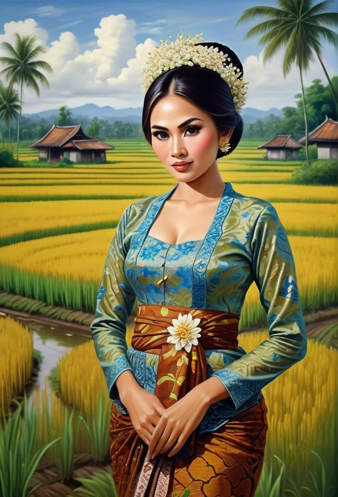 beautiful busty javanese peasant woman donning a brocade kebaya dress and batik long skirt, simple bun hairdo with small beautiful flowers in her hair, insanely detailed and intricate rice field background, oil on canvas painting, realistic style, heavily influenced by Don Lawrence photorealistic brush stroke style