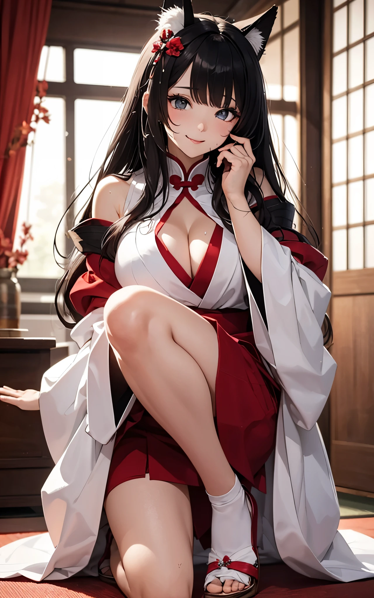 High quality 16K HD glamorous fox girl、ultra gigantic 、super big ass、Super Detail Super Real Body。Full Body Glitter Lotion。Maquillaje dauparsal、very long eyelashes、There is a red heart symbol in the pupil.。mucho sudor、The body is wet with sweat.。Dos orejas de zorro blanco、Textura de cabello brillante y detallada、Malla blanca y negra, cabello largo y hermoso, sonrisa astuta, lindos colmillos y lengua rosada..Lleva una hakama negra con el traje de sacerdotisa del santuario..、Wearing sexy white and red Japanese style clothes with protruding shoulders.、Nudo obi al frente。Hay una cinta grande en el nudo..。lamiendo los dedos。Nine thick white tails extending from the tailbone Bewitching smoke covering the surroundings The background is a fantastic futon in a Japanese-style room at night where you can see the moon from the window She sleeps on a futon。Pose sexy con nalgas grandes a cuatro patas.、Heart symbol tattoo on the lower back and buttocks.