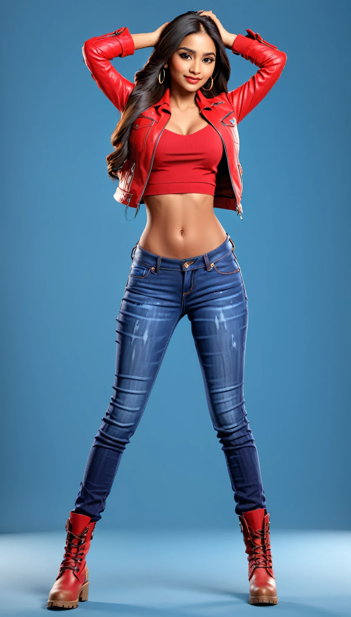 Create a 3d model of beautiful latina-indian female model wearing red top and jeans with jacket, full body character, long hair, with big chest, wearing boots, hands up 3d character