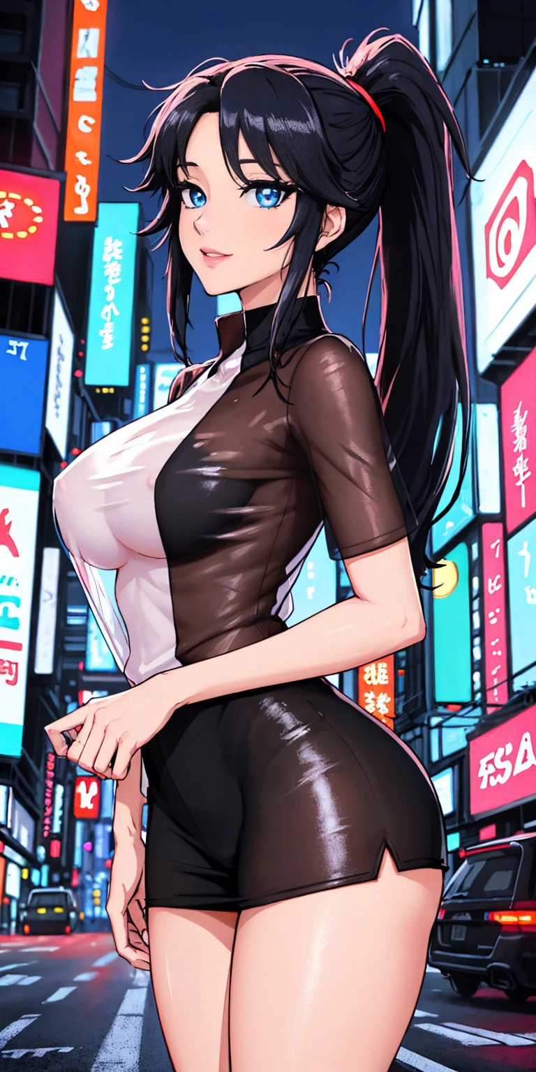 (close up shot, anime style, sfw), high quality, best quality, masterpiece, thighs, bright blue detailed eyes, cinematic rearview of sexy Misato Katsuragi posing dynamically, black long hair, looking up at a cyberpunk neo tokyo well lit highrise building, filled with neon signs, (perfect medium sagging breasts), well lit by red neon lights, ((see-through, see-through breasts)), ponytail, (thighs, translucid)