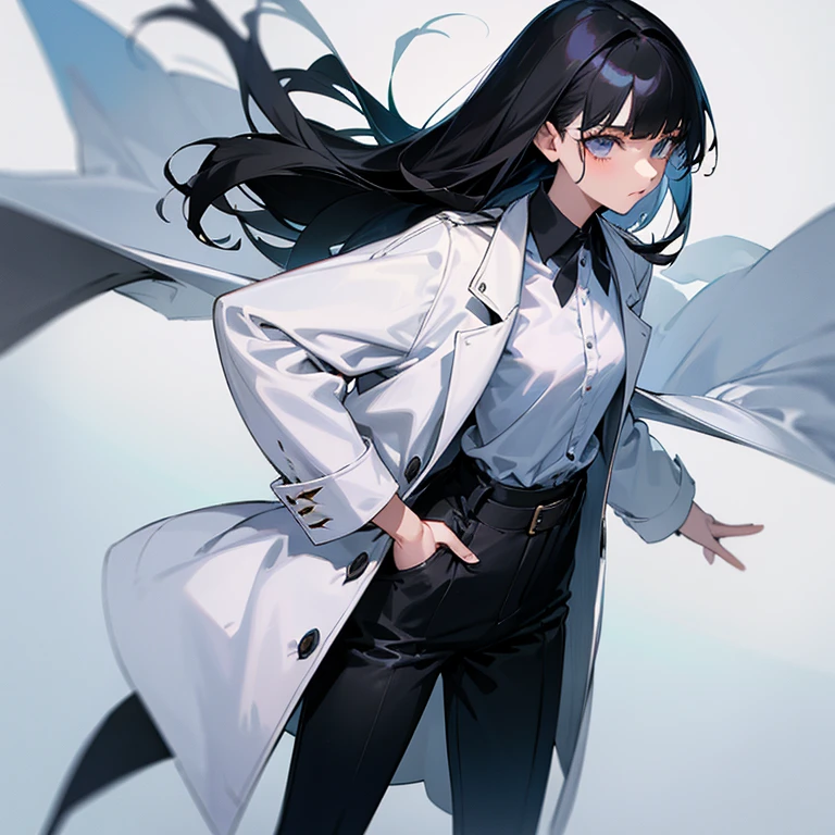 Create a 16 year old woman with one hand on her waist, medium black hair with square bangs, her clothes are very long and sloppy pants and a shirt that sticks to her body and a white coat on her arms 