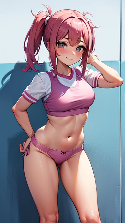 Ultra realistic 7 year old girl, pigtail hair pink, top medium breasts, sexy, smug face, sonrisa ganadora, posando, school gym, front view, mojada, sudada, concentrada, volleyball, tight panties, inclinada, sport bra, exposed breasts, no panties, bosom barely contained, full body, defined, brazos juntos, pezones excitados, panties ligeramente caida