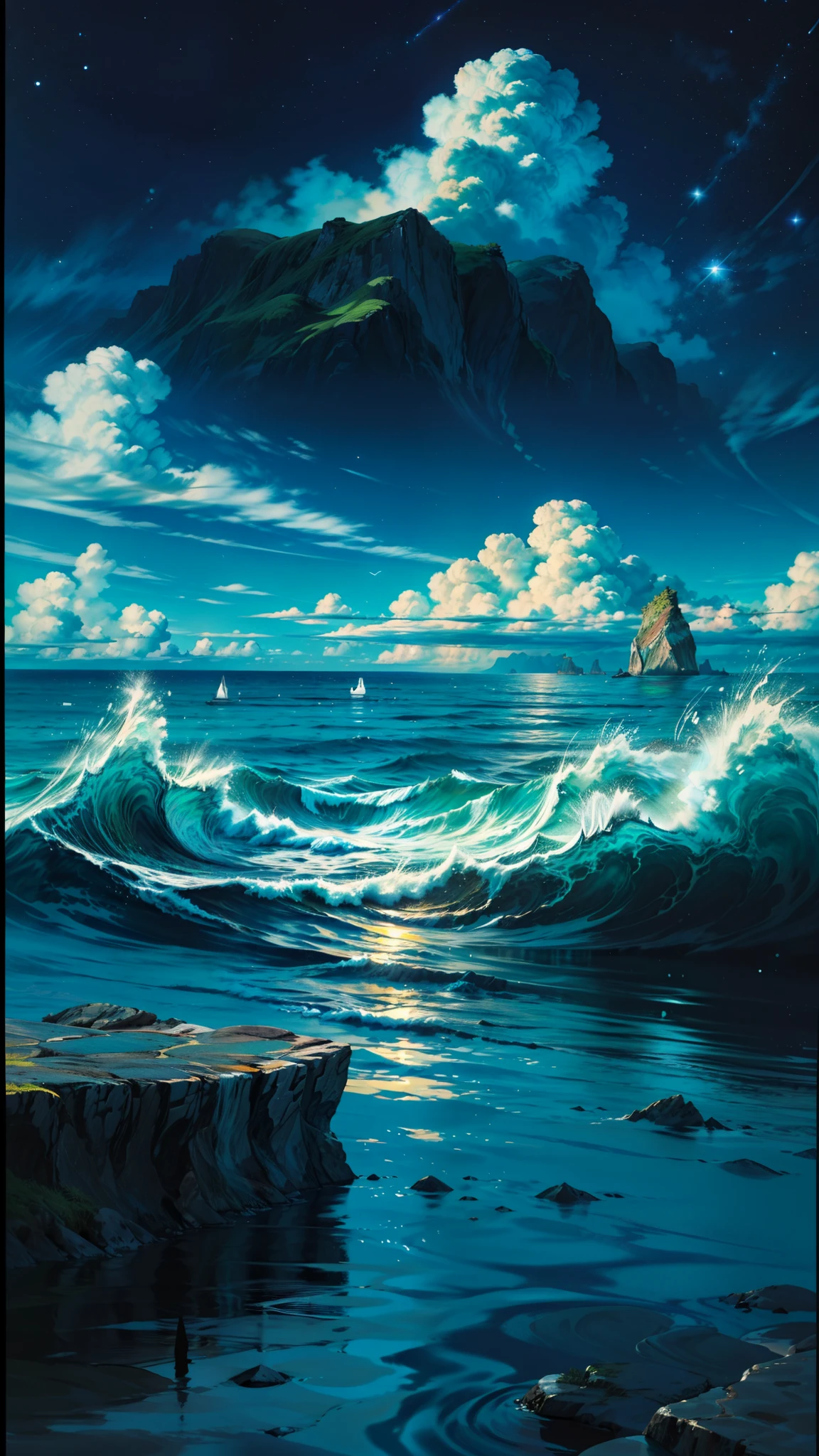absurd resolution, high resolution, (obra de arte: 1.4), hiperdetalhe, uma ilha flutuante com um oceano detalhado, e um barco de papel de brinquedo nesse mar calmo e super detalhado, ao redor da ilha flutuante, lots of clouds and a blue, galactic sky