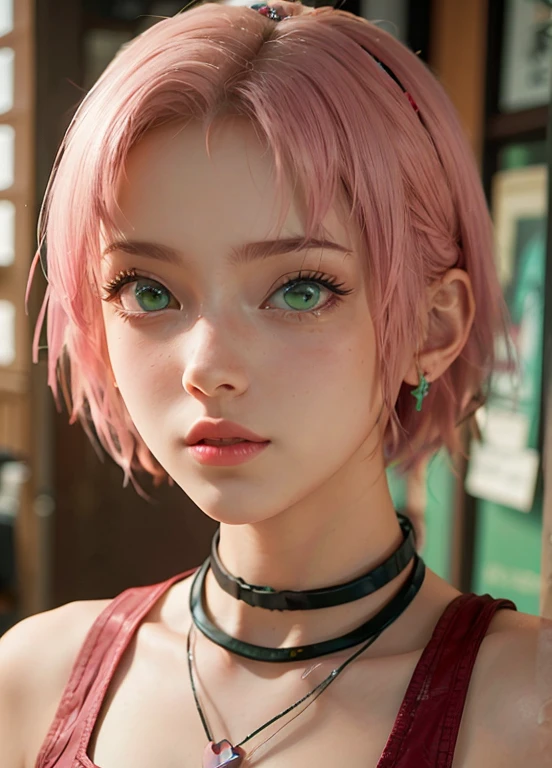 young woman, short shoulder-length pink hair, wide forehead, porcelain skin, pink eyebrows, big emerald green eyes, buttoned nose, full lips, heart-shaped face, slender body, small breasts, red tank top, Sakura Haruno , realistic, realism, details, 3d, well detailed
