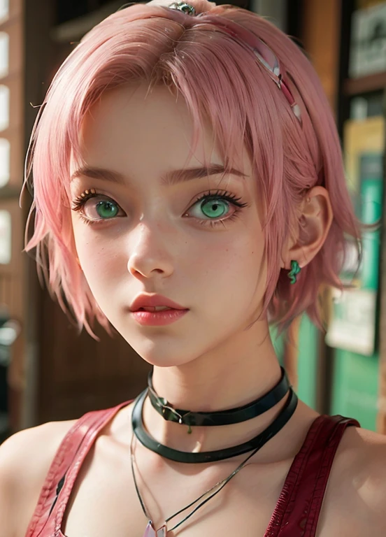 young woman, short shoulder-length pink hair, wide forehead, porcelain skin, pink eyebrows, big emerald green eyes, buttoned nose, full lips, heart-shaped face, slender body, small breasts, red tank top, Sakura Haruno , realistic, realism, details, 3d, well detailed
