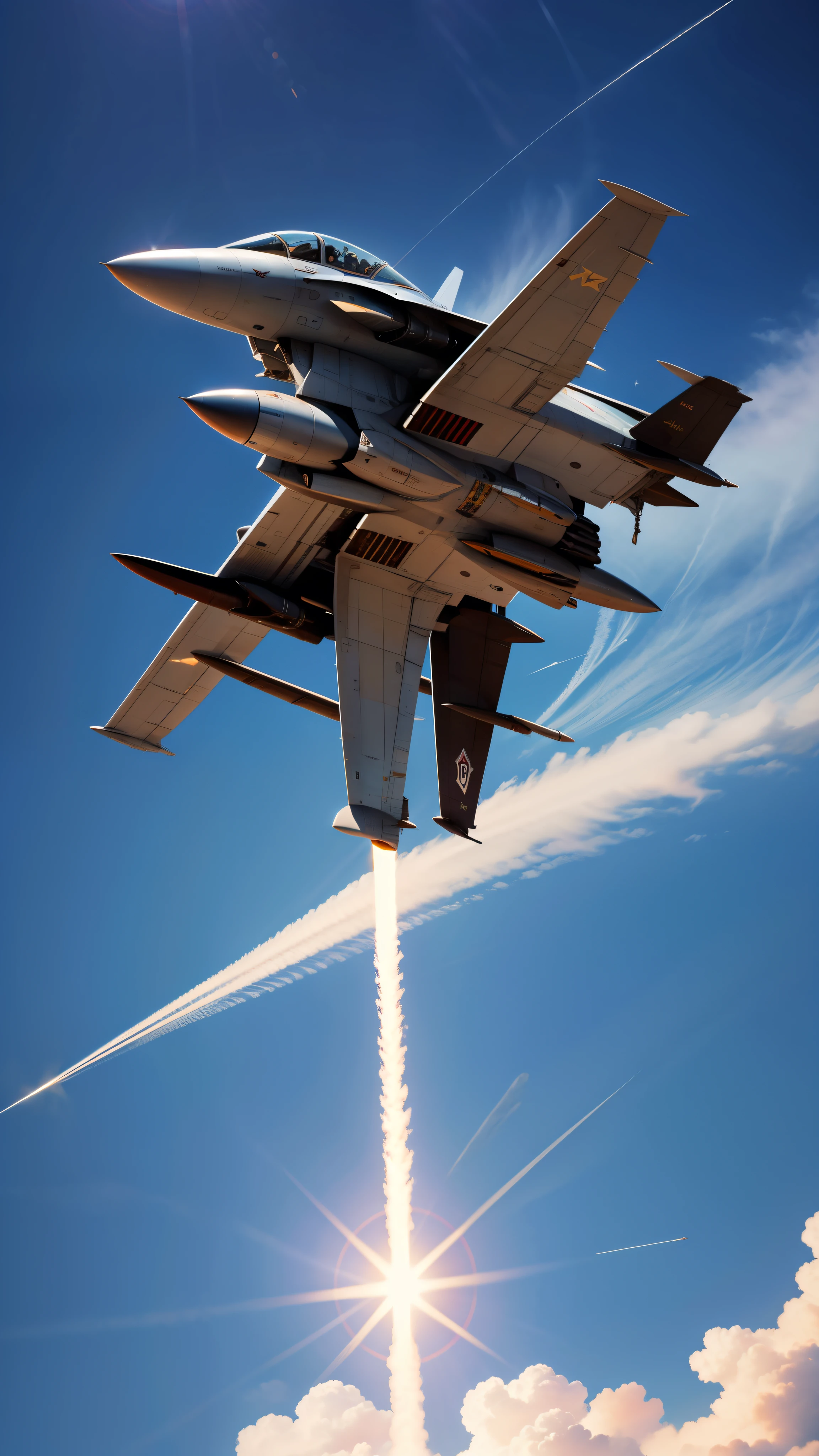 with high definition images,
A US Navy F-14 Tomcat soars through the clear blue sky,
its sleek and metallic surface reflecting the sun,
wings outstretched and engines roaring,
an F-14 Maverick in full glory,
the red, white, and blue insignia on its side gleaming,
leaving a trail of condensed water vapor behind,
the agility and power of the aircraft on full display.