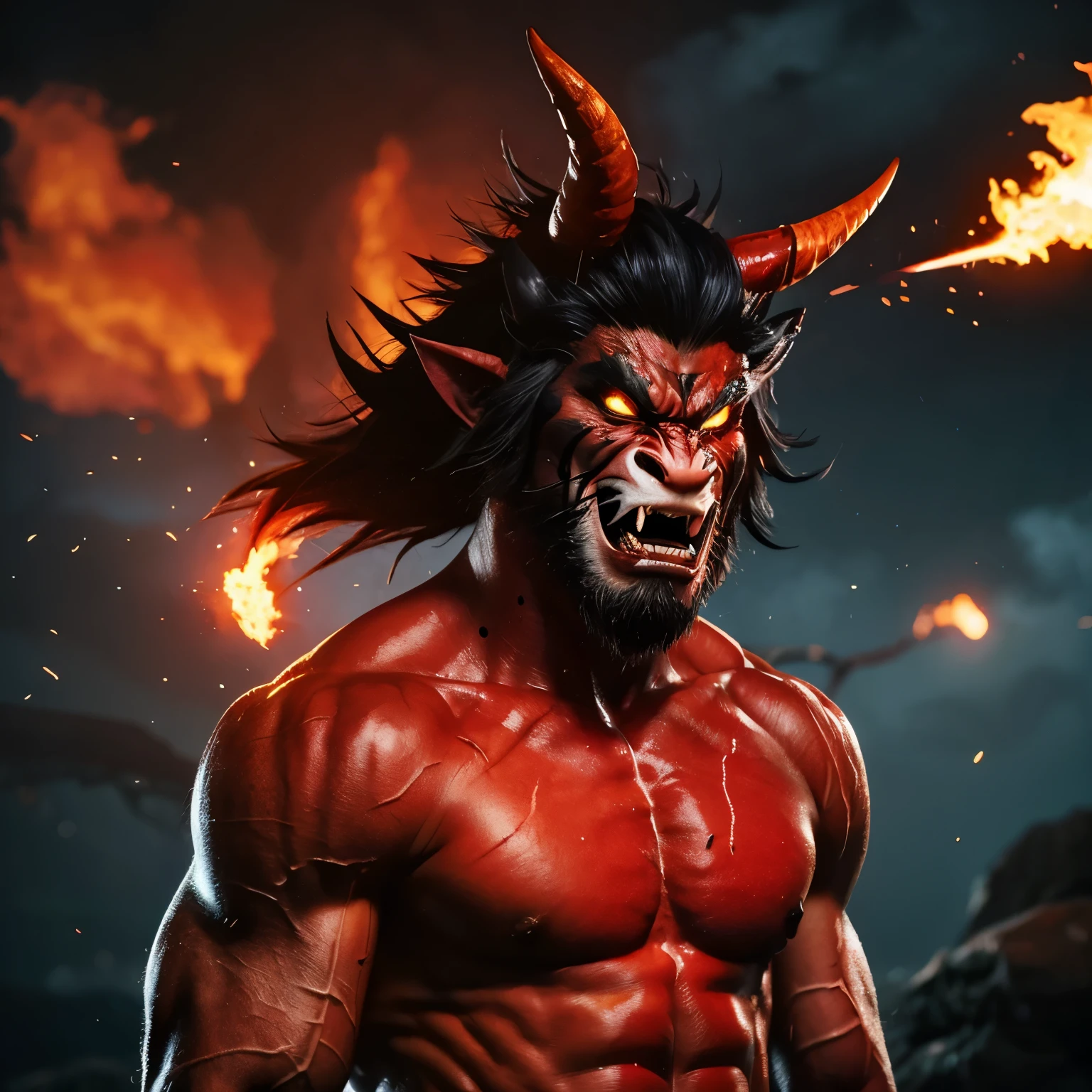  artistic image of a demon with pointy teeth, and extremely strong body with a very dark reddish and purple tone, he is smiling and licking his finger in a scary way