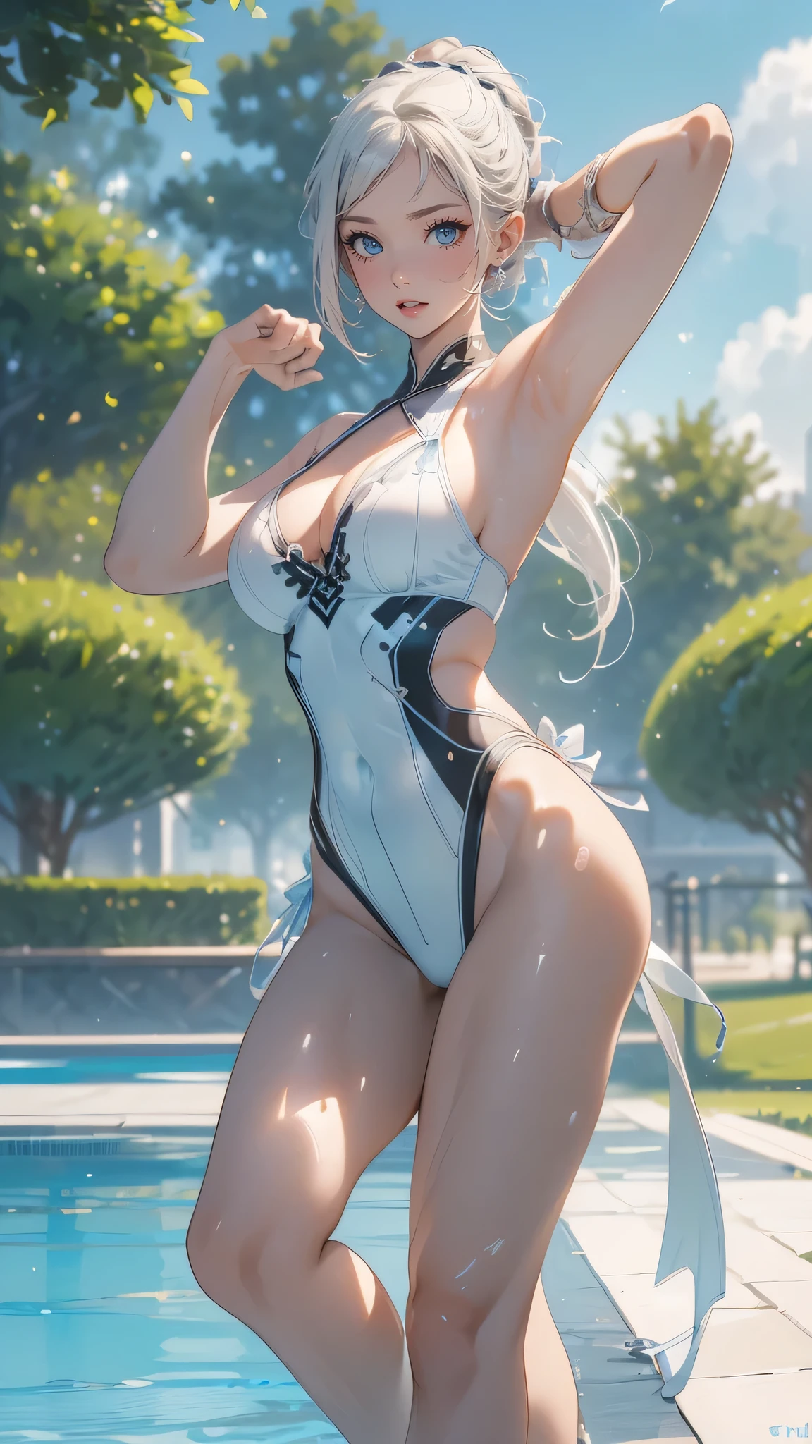 pool side,(random Active pose:1.8),embroidered rash guard,(Thin type:1.8),(large breasts:1.5),(random hairstyle),(Highest image quality,(8k),ultra-realistic,best quality, high quality, high definition, high quality texture,high detail,beautiful detailed,fine detailed,extremely detailed cg,detailed texture,a realistic representation of the face,masterpiece,Sense of presence)
