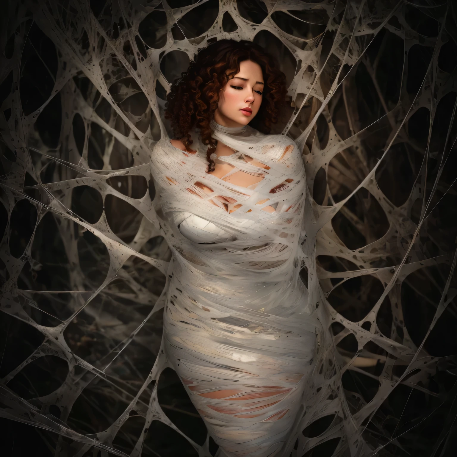 (best quality,4k,8k,highres,masterpiece:1.2),ultra-detailed,realistic,woman,detailed eyes and face,long eyelashes,beautiful detailed lips,extremely detailed eyes,closed eyes,dark hair,wild curly hair,dark makeup,bright red lips,tight web bondage,black silk cocoon,struggling woman, entangled,desperate expression,
shadows,low key lighting,surreal atmosphere,soft focus,erotic art,visual tension,claustrophobic,feeling trapped,delicate silk threads,close-up view,detailed skin texture,dramatic pose,dynamic movement,subtle color tones,limited color scheme,dramatic contrast,emotional intensity