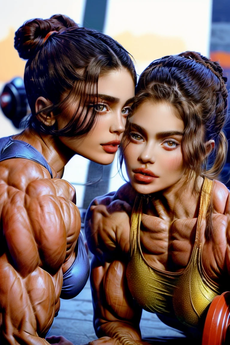 (2 girls body builders:1.6), ((masterpiece)), best quality, ultra-detailed:1.7, finely detail, high resolution:1.6, perfect dynamic composition, beautiful detailed faces:1.77, blonde babes:1.88, perfect red lipstick, perfect makeup:1.8, short denim bikini , large breasts:1.4, lovely look:1.7, gorgeous face:1.6, defined muscles:1.4, beautiful faces:1.8, alessandra ambrossio, izabel goulart, Kate Upton, Gigi Hadid, candice swanpoel ,popped out dense veins on muscles:1.8, hyper detailed picture:1.4, 8k resolution: 1.7, flex muscles:1.3, hyper muscular body shape:1.42, photorealistic:1.5, realistic:1.6, face masterpiece:1.74, good and professional lighting on picture:1.38, Ukrainian-Spanish muscle beauty goddess, masterpiece 24 years old Kylie Jenner and Yael Shelbia as bodybuilders, extremely high resolution, hyper feminine beauty , hyper realistic texture, hyper muscularity, hyper vascularity, ass of titanium, muscles of steel, ripped body shape, ripped sexy ass with bikini, muscular ass , topless, kissing, good face details, hyper face detailing, doing sex, super romantic moment, hyper romantic, romantic kiss, nude females, perfect symmetrical face, sexy french kiss with tongues, serious muscle posing, serious female bodybuilders, super muscular breasts, perfect exaggerated feminine physique