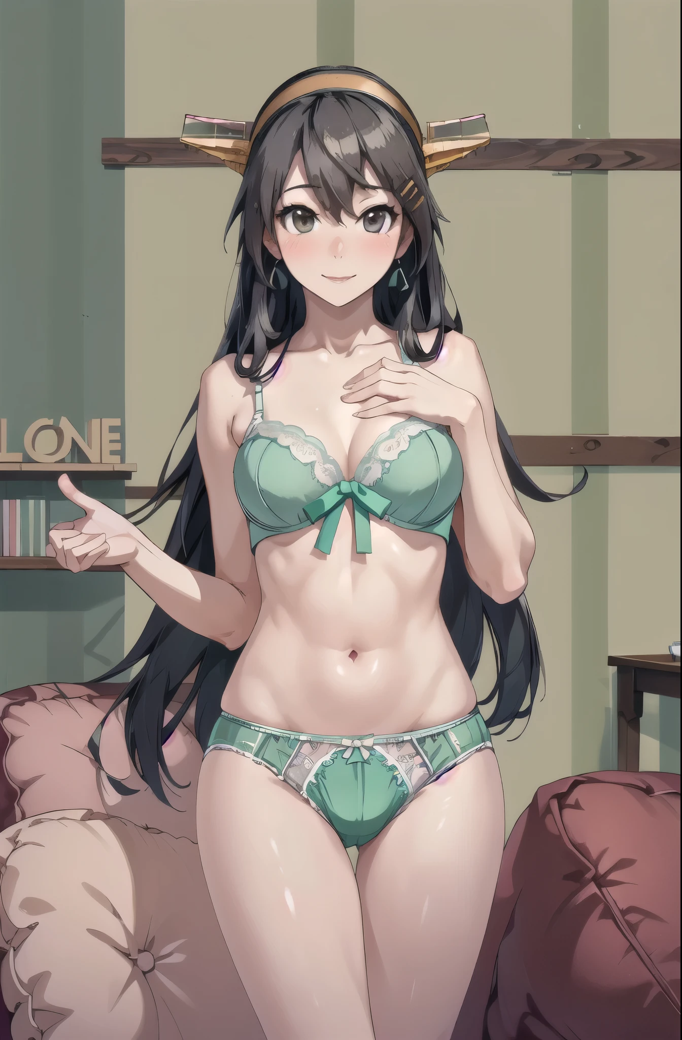 highest quality, masterpiece, High resolution, alone, {Aaron_Kantai Collection:1.15}, black_hair, length_hair, hair_ornament, hairband, Brown_eye, hairclip, blush, smile, headgear, chest, , hair_between_eye,, ((Office Background, Living Room Background))(Pastel Green Panties), (pastel green bra), (In underwear), (Flashy underwear), (lingerie), Fully nude,