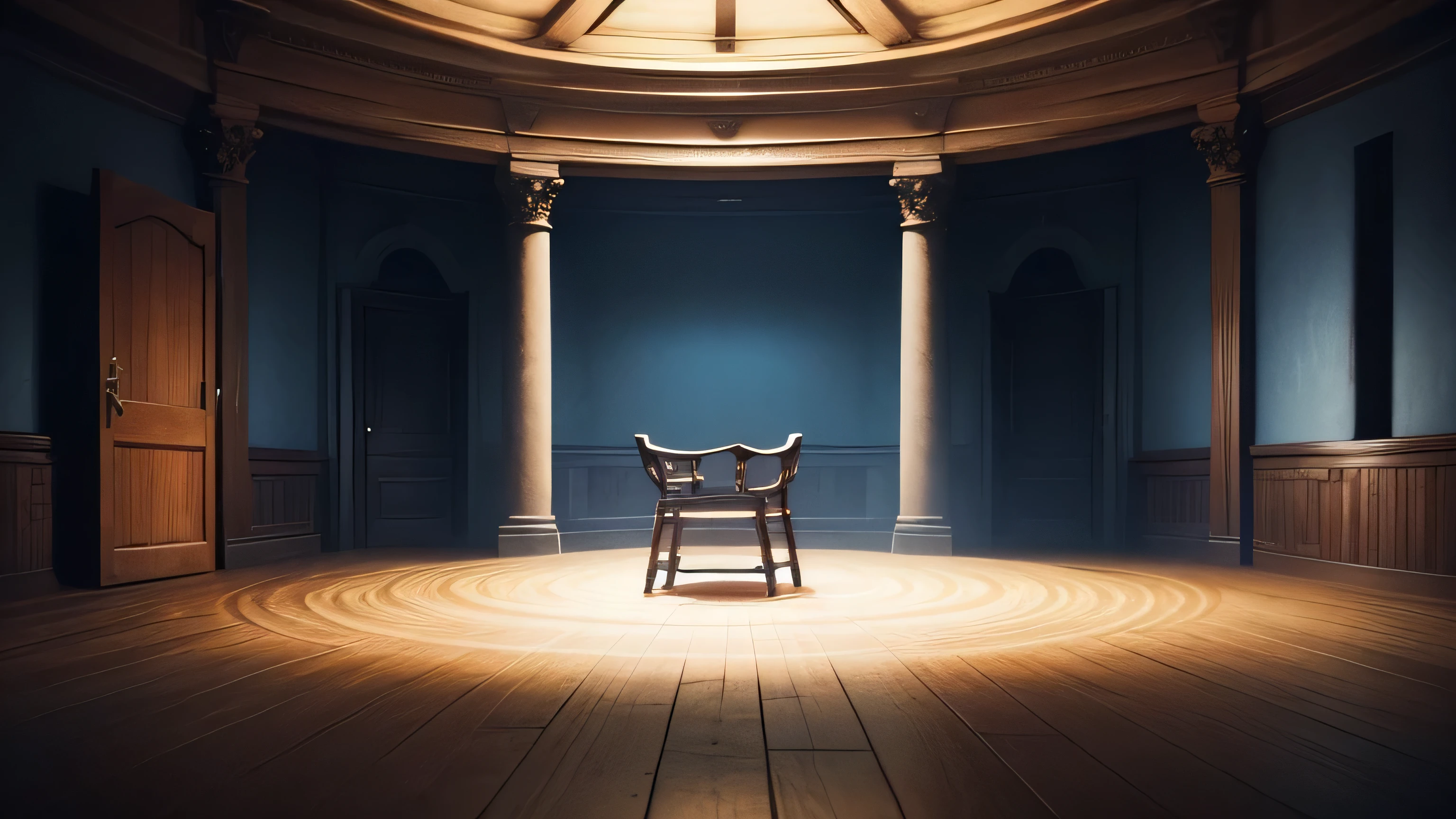 background, a dark and strange room, illuminated by a mixture of blue, brown and yellow light, the focus of light is on an old wooden chair placed in the center of the room, darkness reigns