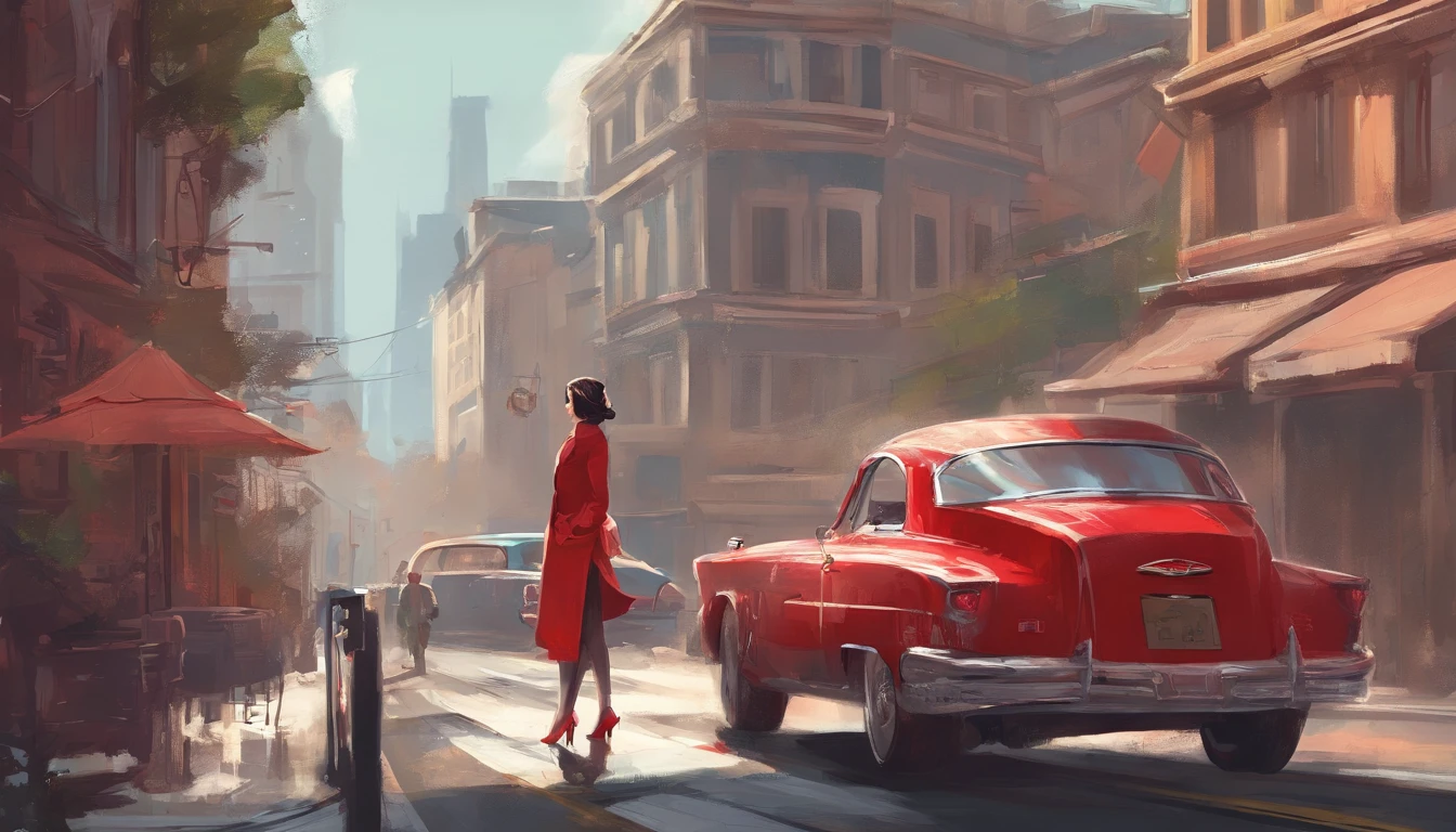 Girl dressing smoking stand up a red car in the middle of street 