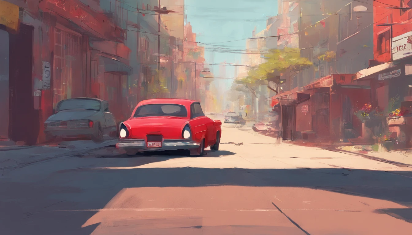 Girl dressing smoking stand up a red car in the middle of street