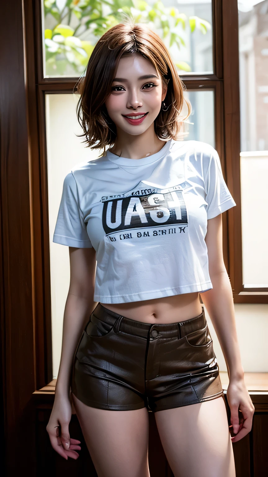 (8k, RAW Photos, highest quality, masterpiece, Realistic, Realistic), (1 female), (Ultimate beauty), 20-year-old, Highly detailed face, Uniform detail, eyelash, smile, (Perfect Teeth), Lip details, Brunette Bob, Big Breasts, (Pichi Pichi T-shirt), ((Brown shorts)), Cowboy Shot,Soft Light, Sexy big thighs、