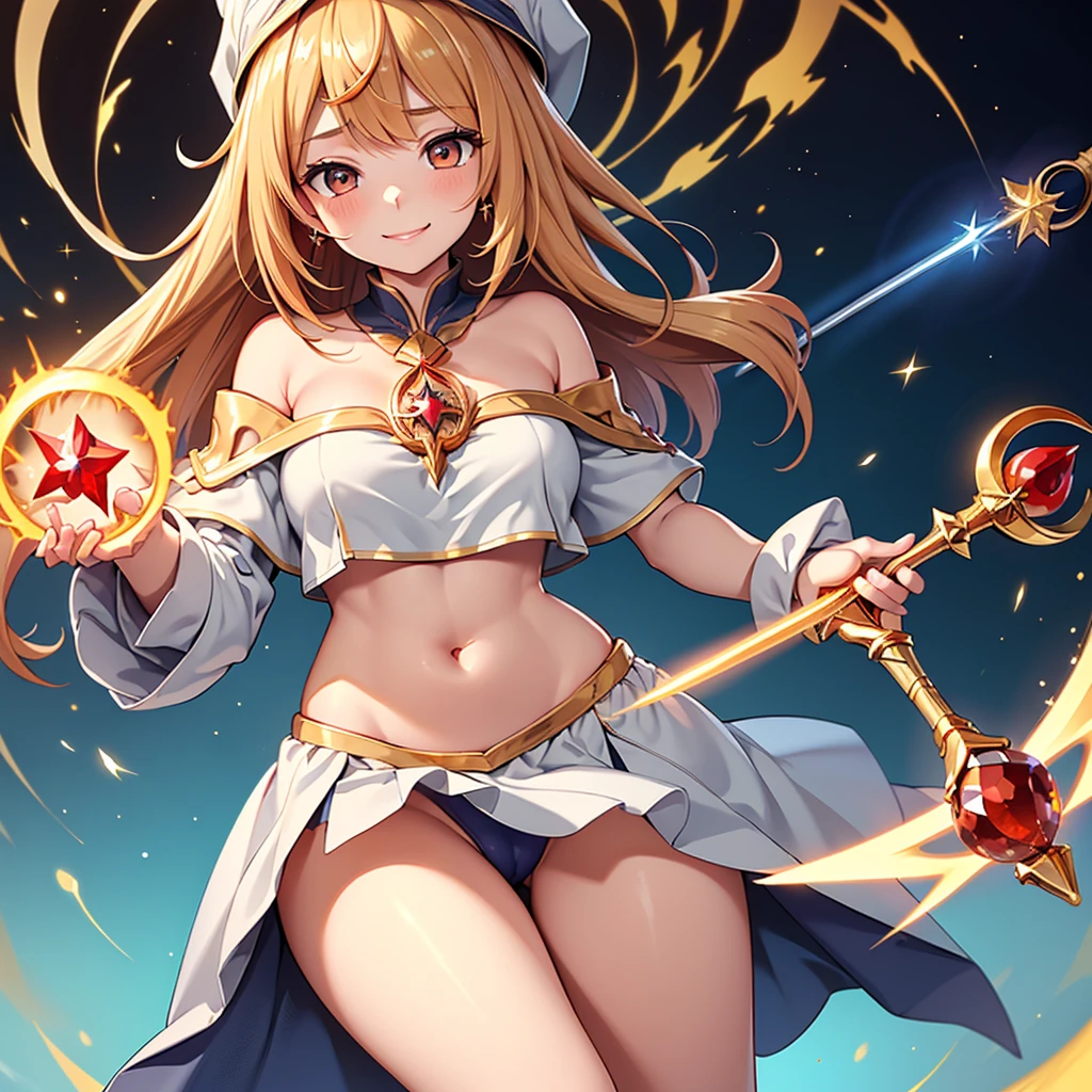 masterpiece、top-quality、(Blonde colored long hair、I have bangs:1.1)、(25 year old woman)、 (gold eyes:1.5)、(Big round eyes:1.5)、(Emphasis on the chest:0.5)、(modest smile expression:1.3)、(Staring:1.5)、(Close-up of the subject's face:0.5)、
golden flame wizard dress、(wizard’s wand with red gem:1.5)、golden flame wizard hat、floating fireballs、
five perfect and beautiful fingers、Bust Shot、
Alone、Open your mouth、Fearless smile、(middle Breasts:1.3)、(Glowing Skin:1.2)、(dynamic pose hand holding a sword gripping one Rapier in hand:1.3)、Uplifting、Have a rapier grip、midriff peek、Off the shoulder、(Camel toe)、
have to pee,covering crotch:1.5,knees together feet apart,(((crotchAngle,head out of frame,lower body,hands between legs,close-up,crotch aparts, crotch focus))),