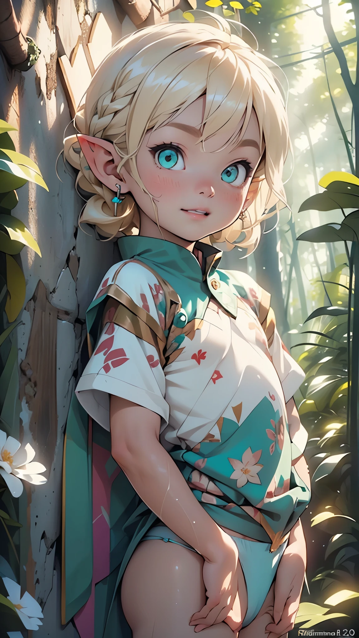 1,(1boy:1.5),-yeld:1.eenager,femboy,Libido boy,Female physiognomy,elf,(elf ears), (blonde archer),
little boittle boy,boy,d only,,1boy,magend)),
((blonde hair:1.5,short detailed hair,short blonde hair with a braid,braid adorned with white flowers)),(((turquoise_eyes:1.3))),intricate eyes,beautiful detailed eyes,symmetrical eyes,big eyes:1.5,child's chest,((kid body,a little chubby,good anatomy,accurate body proportions,detailed shota body for young boy:1.3,))),
((((nsfw)))),cute,((happy)),
((cheeky panties)),sexy,((wet body)),
show skin,((brown wolf fur coat)),(bandages on his hands),(moon earrings),((turquoise panties with a wolf fur sarong brown)),(tiny bulge on panties),(ornamental bandages on his chest and arms),(((intricate outfit,intricate clothes,sexy clothes))),
(erotic pose:1.0),embarrassed,(centered,scale to fit dimensions,Rule of thirds),
((pine forest)),scenery:1.25,((intricate scenery)),((forest background)),
(Glossy sexy ornaments),highres,sharp focus,(ultra detailed,extremely detailed),(photorealistic artwork:1.37),(extremely detailed CG unity 8k wallpaper),(((vibrant colors,vibrant theme))),(intricate),(masterpiece),(best quality),artistic photography,(photography taken by sldr),(intricate background),perfect rendered face,perfect face details,realistic face,photo realistic,((intricate detail)),(((realism))),