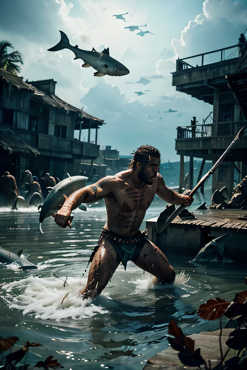 A warrior fights in water against a group of savage zombies, with fish helping him and sharks against him