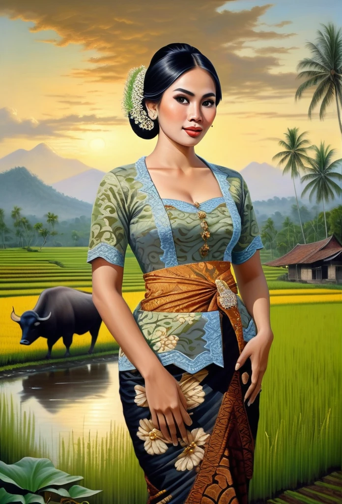 beautiful busty javanese peasant woman donning a brocade kebaya dress and batik long skirt, simple bun hairdo with small beautiful flowers in her hair, insanely detailed and intricate terraced rice field background with water buffalo ajd duck shepherd in a far distance, oil on canvas painting, realistic style, heavily influenced by Don Lawrence photorealistic brush stroke style