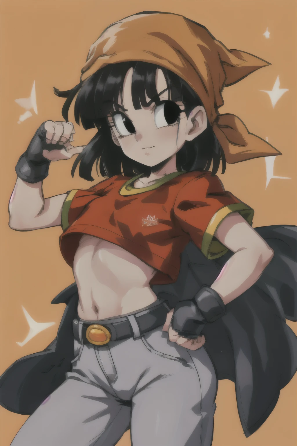 pandballgt, 1girl, black eyes, black hair, short hair, orange bandana, pants, hands in pockets, red shirt, crop top,  female, big ass, thick thighs, small breasts,