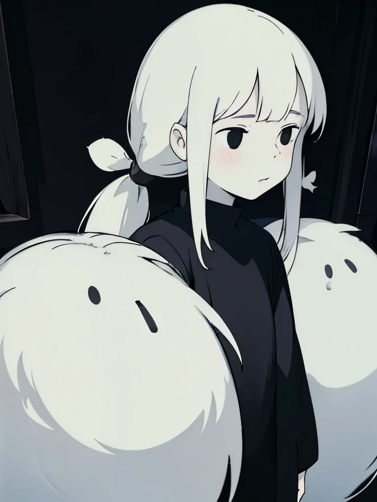 1 girl, pigtails, long hair, black and white colored hair, black eyes, black clothing, pale white skin, bangs.