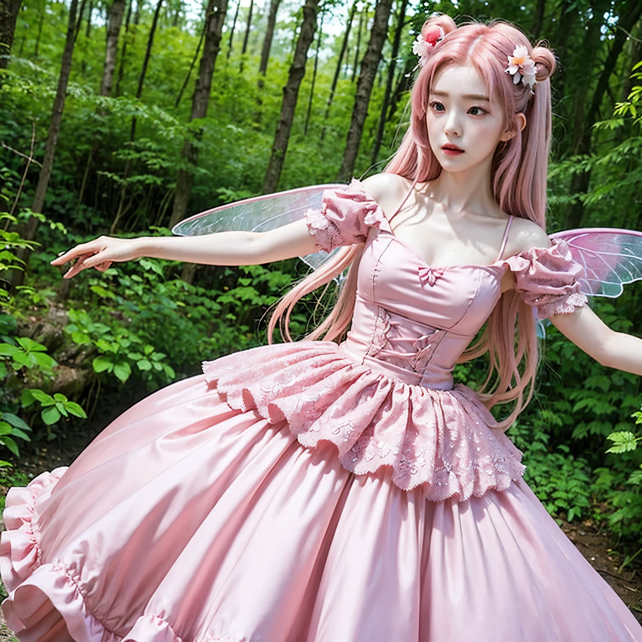 irene1, 1girl, fairy dress, pink dress, fairy wings, in a forest, pink hair