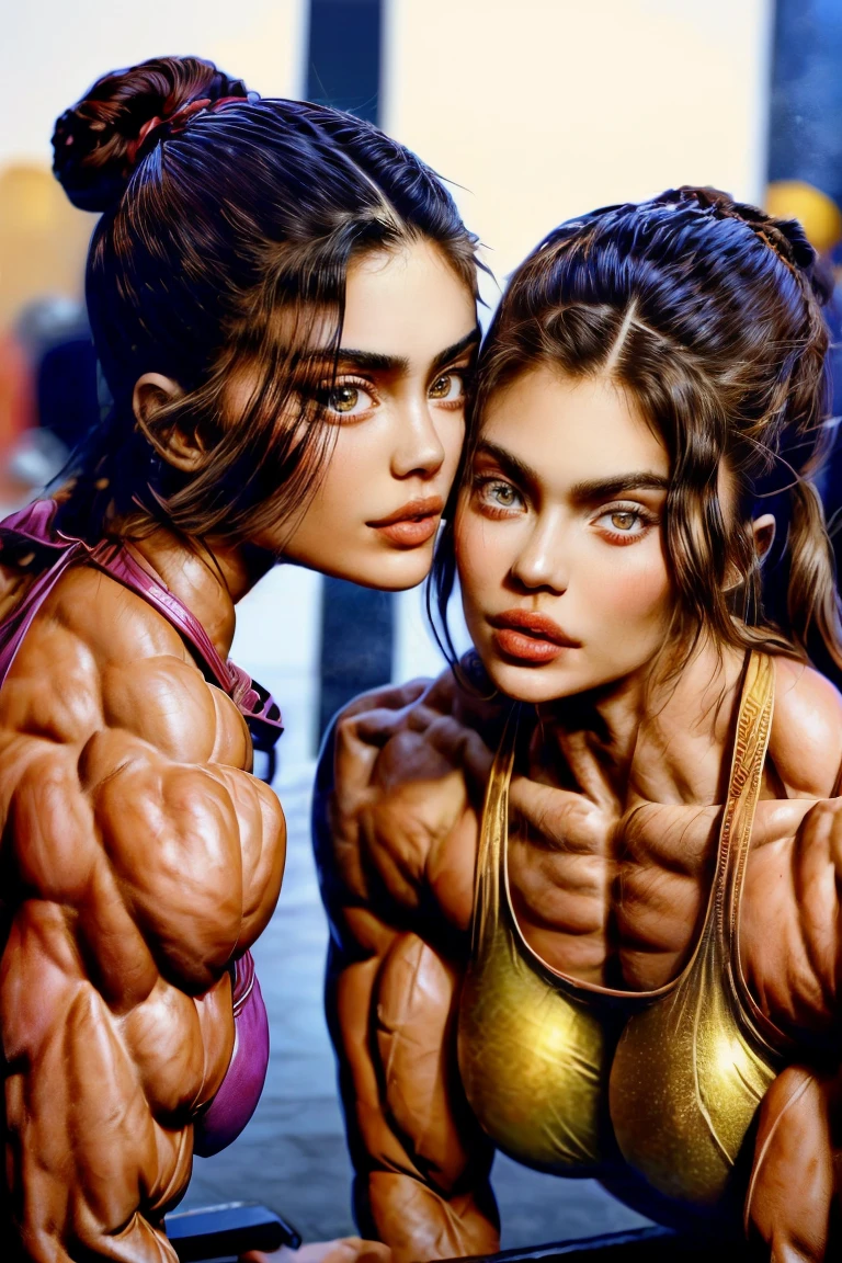 (2 girls body builders:1.6), ((masterpiece)), best quality, ultra-detailed:1.7, finely detail, high resolution:1.6, perfect dynamic composition, beautiful detailed faces:1.77, blonde babes:1.88, perfect red lipstick, perfect makeup:1.8, short denim bikini , extra large breasts:1.4, lovely look:1.7, gorgeous face:1.6, defined muscles:1.4, beautiful faces:1.8, alessandra ambrossio, izabel goulart, Kate Upton, Gigi Hadid, candice swanpoel ,popped out dense veins on muscles:1.8, hyper detailed picture:1.4, 8k resolution: 1.7, flex muscles:1.3, hyper muscular body shape:1.42, photorealistic:1.5, realistic:1.6, face masterpiece:1.74, good and professional lighting on picture:1.38, Ukrainian-Swedish muscle beauty goddess, masterpiece 22 years old Kylie Jenner and Yael Shelbia as bodybuilders, extremely high resolution, hyper feminine beauty , hyper realistic texture, hyper muscularity, hyper vascularity, ass of titanium, muscles of steel, ripped body shape, ripped sexy ass with bikini, muscular ass , topless, kissing, good face details, hyper face detailing, doing sex, super romantic moment, hyper romantic, romantic kiss, nude females, perfect symmetrical face, sexy french kiss with tongues, serious muscle posing, serious female bodybuilders, super muscular breasts, perfect exaggerated feminine physique 