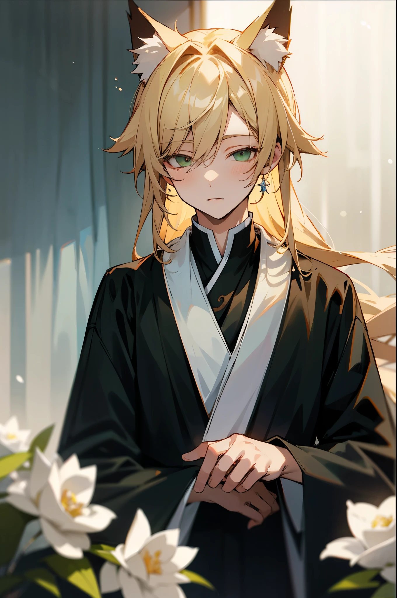 Anime boy, cat ears, hairs colored separated horizontally, long hairs, light blond hairs, green eyes, masterpiece, cute guy, necklackes, artist, musician, blur, depth of field, photo shoot, proffessional, ultrasharp, perfect face, blurred background, particles, perfect shadows and reflections, jewelry, aristocrat, oriental clothes, white roses, laying in roses, half-closed eyes, digital art, black couch,