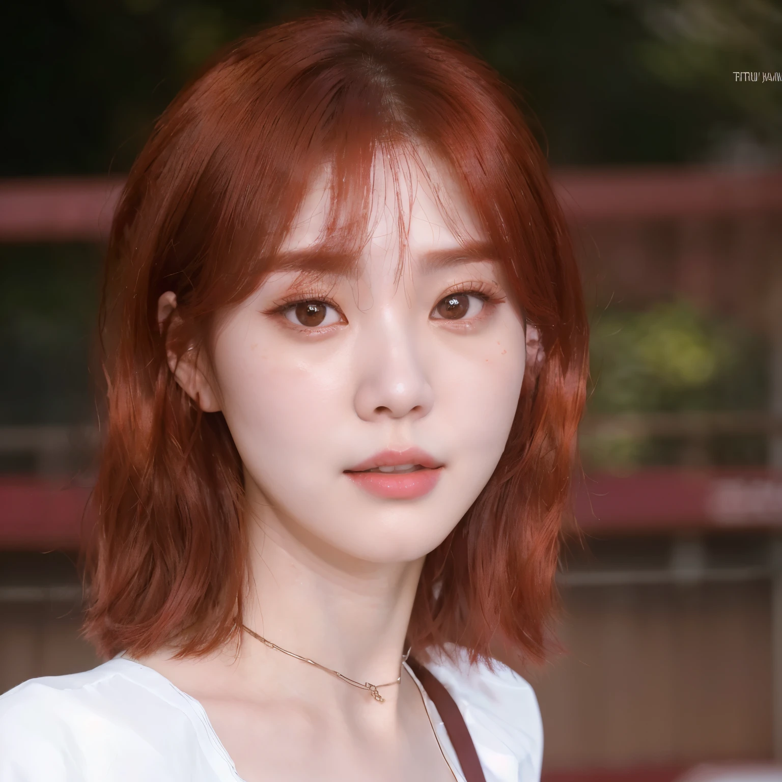 a close up of a woman with red hair and a white shirt, sun yunjoo, kim doyoung, park ji-min, lee ji-eun, lee ji - eun, cute korean actress, heonhwa choe, hwang se - on, korean artist, taejune kim, jaeyeon nam, with short hair, female actress from korea