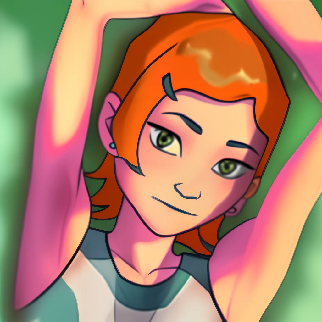 masterpiece, absurdres, hdr, soft light, best quality, detailed, highres, 1girl, solo, Ben 10, Gwen (Ben 10), Gwendolyn Tennyson, orange hair, green eyes, short hair, sleeveless shirt, bare shoulders, slender arms, small breasts, young, shiny skin, shiny hair, in the center, (up close:1.5), arms up, (arms above head:1.5), arms behind head, armpits, (armpits into viewer's face:1.5), (looking at viewer:1.5), (eye contact with viewer:1.5), lying on bed, lying on back, smile, closed mouth, (showing off armpits, sexy armpits,armpit hair)