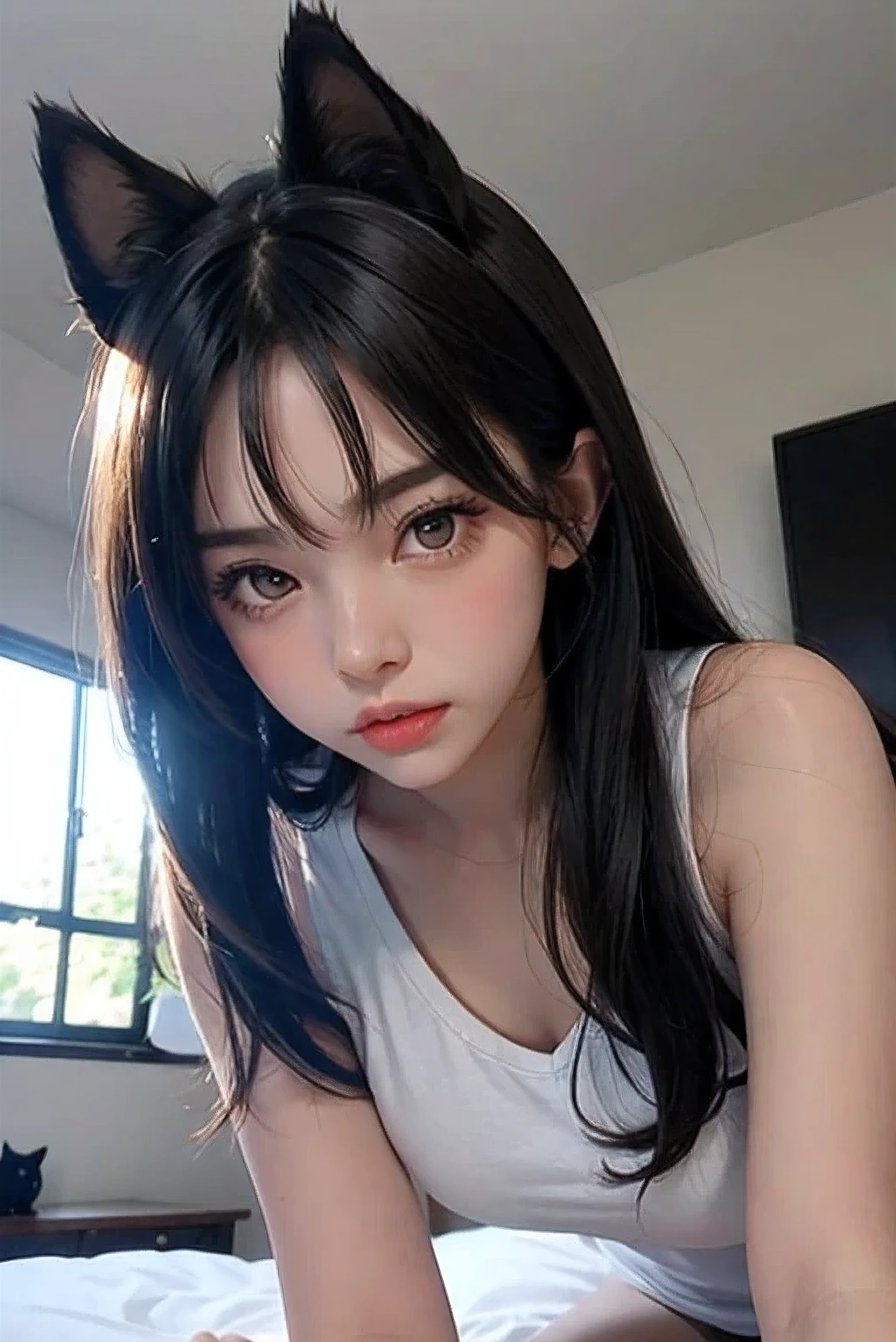 １People Girls、Shoulders out、Large white simple T-shirt、Looking down at the viewer、Black Hair、Small black cat ears、Leaning over the viewer on the bed、On all fours、White shorts、Raised eyebrows、I can see the ceiling、Large Breasts、(Angry:1.1)、(Lips are pointed.:1.1)、Blushing、Brown eyes、Long Hair、whole body、(Touching the viewer&#39;s cheek with both hands:1.3)、Asahi,　Looking straight at the viewer