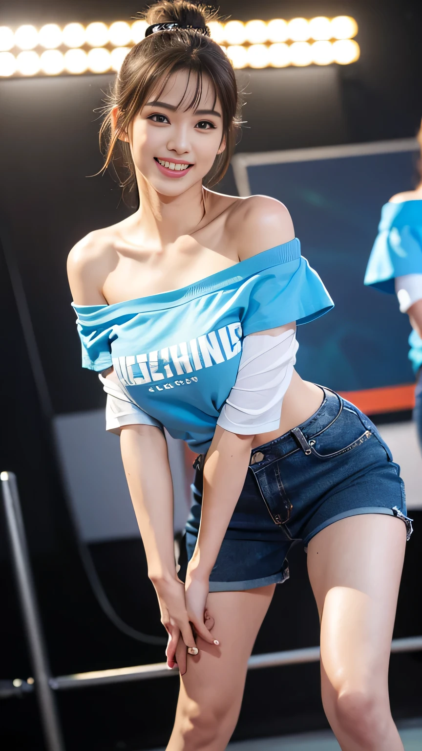 Highly detailed and exquisite high resolution rendering, 32k fine art photography, (Realistic: 1.3), Soft light nature photography, Awards, masterpiece, Sharp focus, Studio shot, Intricate details, Amazing details , One girl, (Accurate anatomy: 1.5), 19 years old, Tall ponytail, bangs, Break danceダンサー, (Bright smile), Beautiful Face, Detailed and perfect face, Perfect Proportions, Huge breasts, Narrow waist, belly button, Crotch gap, Thighs, Dynamic pose, (Off-the-shoulder T-shirt: 1.5), Baggy jeans, Walking shoes, Break dance, (Acrobatic pose: 1.2), (Dynamic Angle: 1.5), (Dance Stage) ), (Colorful lighting), (Fluorescent lighting), Beautiful Teeth並び, Beautiful Teeth,