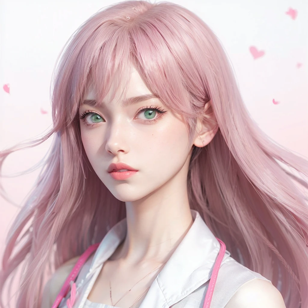 young woman, short shoulder-length pink hair, wide forehead, porcelain skin, pink eyebrows, big emerald green eyes, buttoned nose, full lips, heart-shaped face, slender body, small breasts, red tank top, Sakura Haruno , realistic, realism, details, 3d, well detailed
