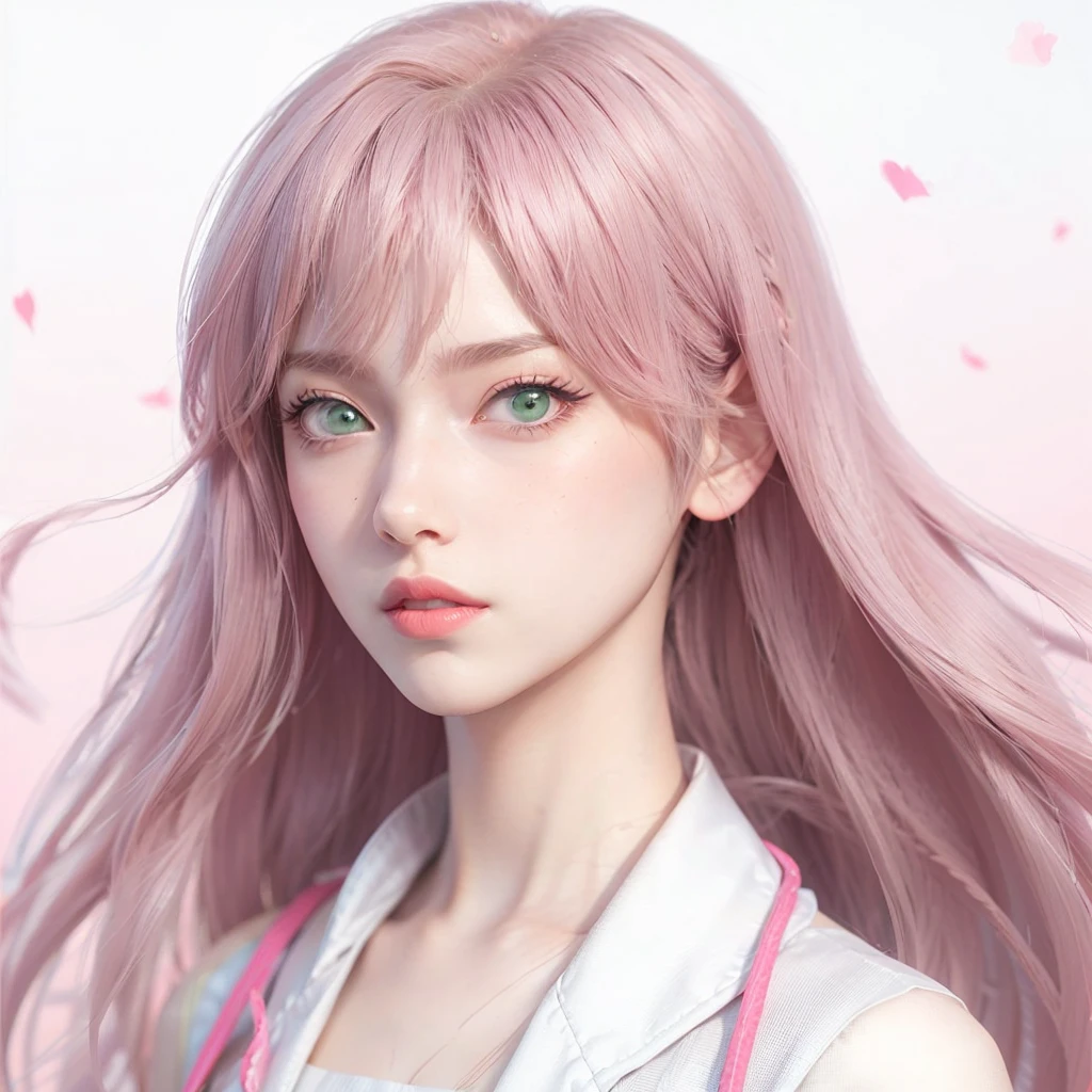 young woman, short shoulder-length pink hair, wide forehead, porcelain skin, pink eyebrows, big emerald green eyes, buttoned nose, full lips, heart-shaped face, slender body, small breasts, red tank top, Sakura Haruno , realistic, realism, details, 3d, well detailed