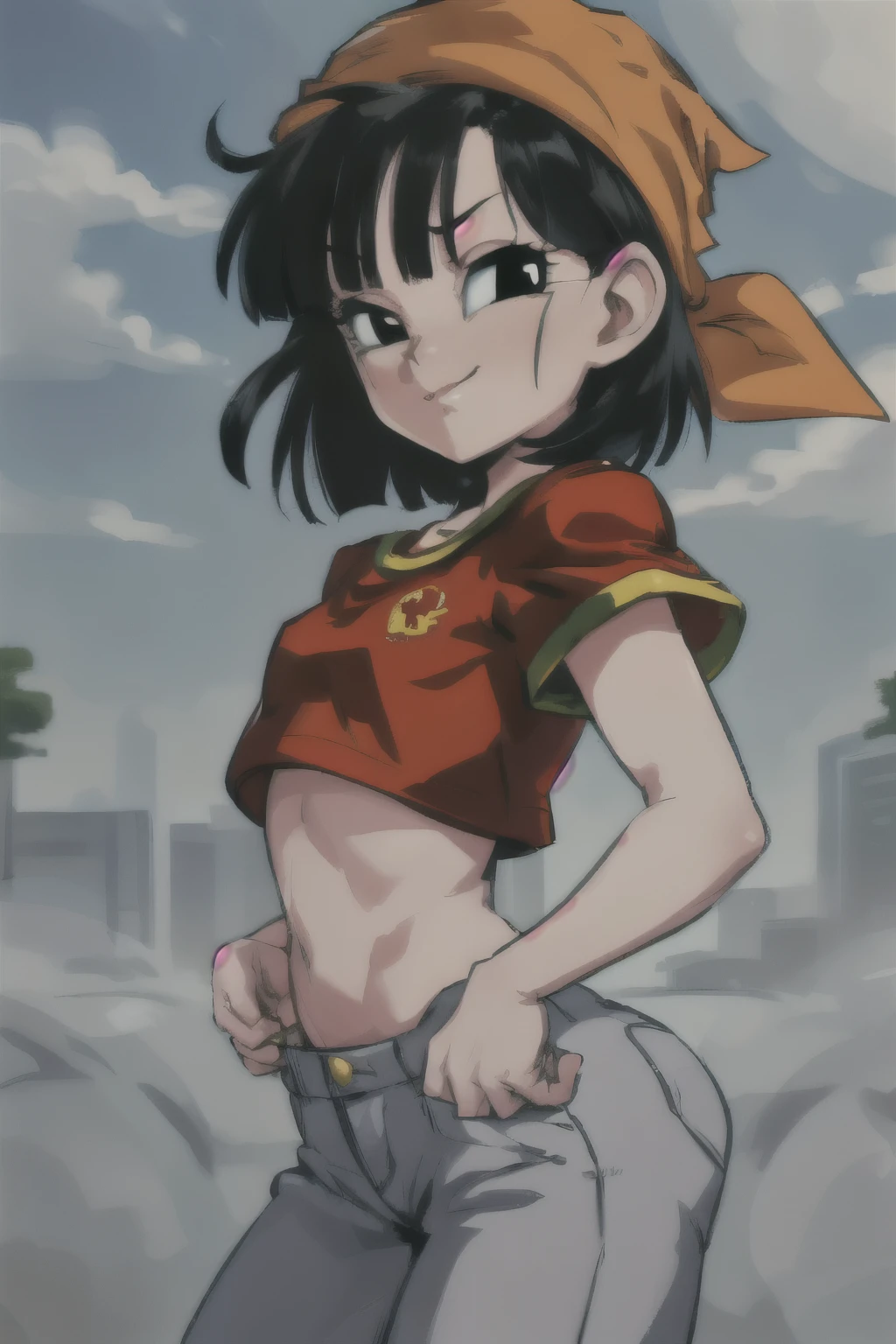 pandballgt, 1girl, black eyes, black hair, short hair, orange bandana, pants, hands in pockets, red shirt, crop top,  female, big ass, thick thighs, small breasts,