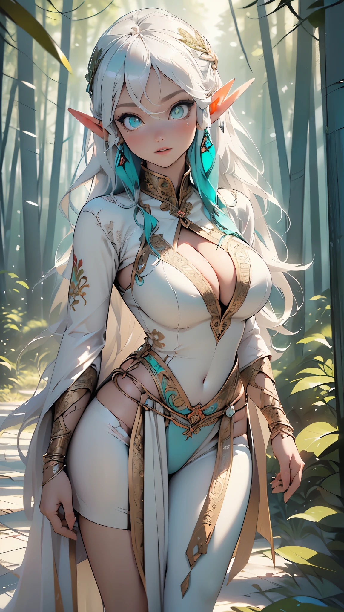 elf girl,(((1girl))),((extremely cute and beautiful elf girl)),((())),(((elf))), (((elf ears:1.5))),
(large breasts:1.5),((((white long hair:1.35,(absurdly long hair:1.5),white straight hair,colored inner hair,ear breathing)))),(pointed ears,(((turquoise_eyes:1.3))),intricate eyes,beautiful detailed eyes,symmetrical eyes,big eyes:1.5,((fat)),(((lustrous skin:1.5,bright skin: 1.5,skin tanned,shiny skin,very shiny skin,shiny body,plastic glitter skin,exaggerated shiny skin,illuminated skin))),(spider lower abdomen,narrow waist,wide hip,athletic body,inflated legs,thick thighs,detailed body,(detailed face)),
cute,slutty,seductive,erotic,(nsfw),
(((huge cleavage))),revealing clothes,show skin,((underboob)),((elven queen clothes)),revealing clothes,((loincloth)),(((pelvis curtain))),(((white and turquoise theme clothes,intricate outfit,intricate clothes,embroidered outfit,ornate outfit))),
(dynamic pose:1.0),embarrassed,happy,(centered,scale to fit dimensions,Rule of thirds),
((pine forest,elven palace in the forest:1.5)),scenery:1.25,((intricate scenery)),((elven palace in the forest background)),
(Glossy winter ornaments),highres,sharp focus,(ultra detailed,extremely detailed),(photorealistic artwork:1.37),(extremely detailed CG unity 8k wallpaper),(((vibrant colors,vibrant theme))),(intricate),(masterpiece),(best quality),artistic photography,(photography taken by sldr),(intricate background),perfect rendered face,perfect face details,realistic face,photo realistic,((intricate detail)),(((realism))),