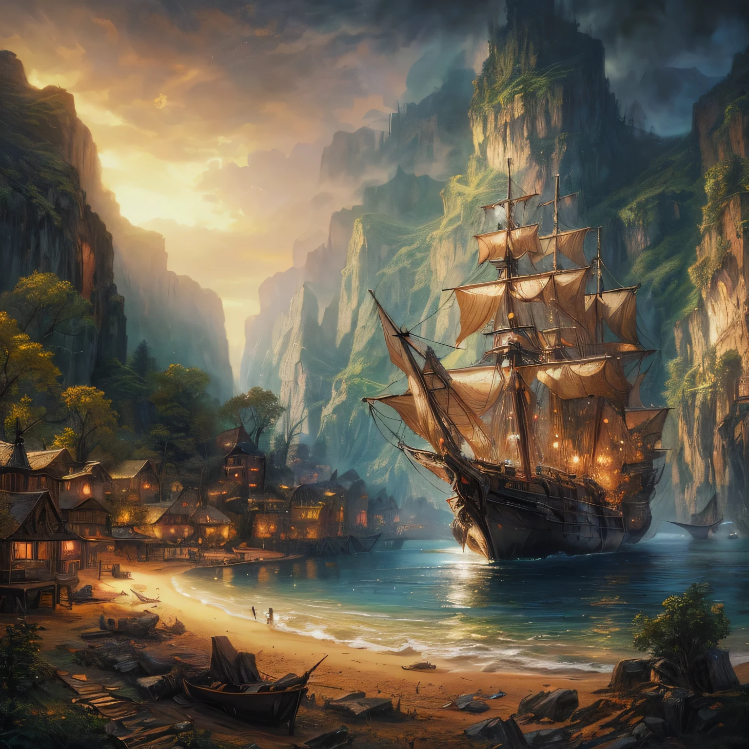 Painting of a ship in a bay with a village on the shore, 4K hochdetaillierte digitale Kunst, Beautiful oil matte painting, Fantasie-Matte-Painting,Niedlich, hochwertiges Matte Painting, beautiful digital artwork, beautiful matte painting, by Johfra Bosschart, atemberaubende matte Malerei, Matte-Painting“, atemberaubende Fantasy-Kunst, Matte Painting ”, 4K HD matte digitale Malerei, Fantasie-Matte-Painting