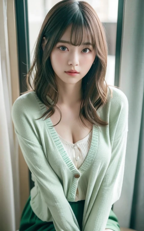 masterpiece, highest quality, 8k, 20th Generation, Large Breasts, cute, alone, sad, cute, Girlish, Delicate girl, Pure beauty,  RAW Photos, Professional photography, Portraiture, Soft Light, Professional Lighting, Backlight, Head to Knee, avert your eyes, Sophisticated, Film Grain, (Eyes and facial details:1.0), Short floating hair, Beautiful, flowing hair, bangs, (Loose cardigan(Pale green))、(Large Breasts:1.0)、You can see a little cleavage、Micro Mini Skirt、Voluptuous thighs、Dolly Makeup、Odd Eye、The color of the eyes is different on each side