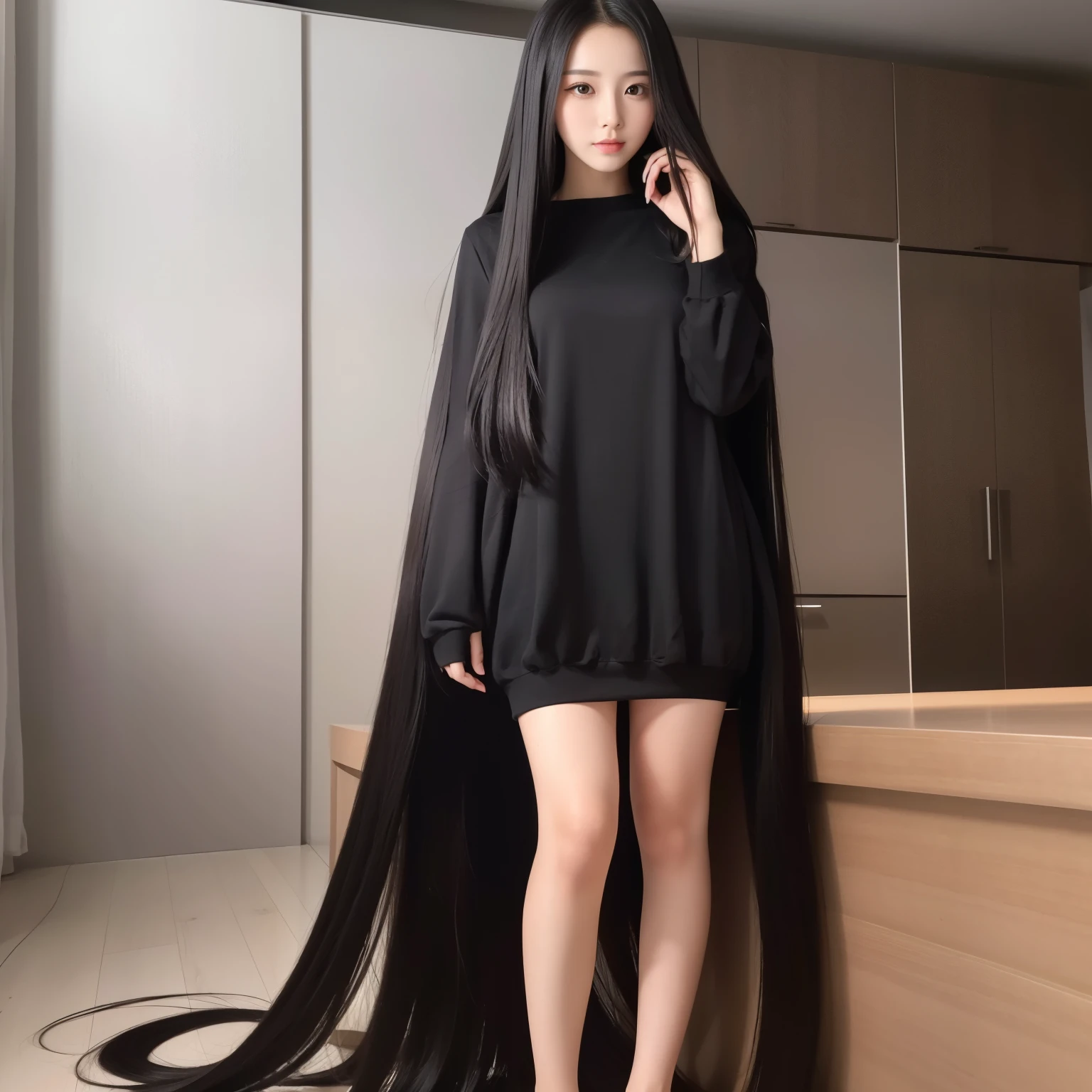 Super Long Hair、Best image quality、highest quality、Highest Resolution、Ultra-realistic photos、Full body photo、1 girl、Very beautiful face、Super super long hair、Hair Length Approx.5Meters、Straight black hair、Black hair longer than height、Black hair that hasn't been cut for over 20 years、Slender body、naked、World Long Hair Contest Winner、Terrifyingly thick black hair、My very long black hair is wrapped around my body.、Location: Bedroom、