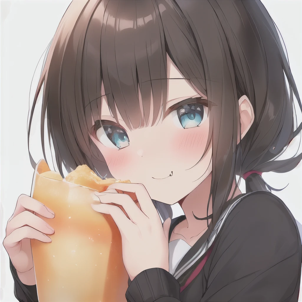 窓の前に立っている青い目とblackいジャケットを着たアニメの女の子, Anime Moe Art Style, Eat and drink, black, Cute girl anime visuals, , Kantai Collection Style, [[[[smile wickedly]]]], Fubuki, sayori, tsuaii, Young Anime Girl, shikamimi